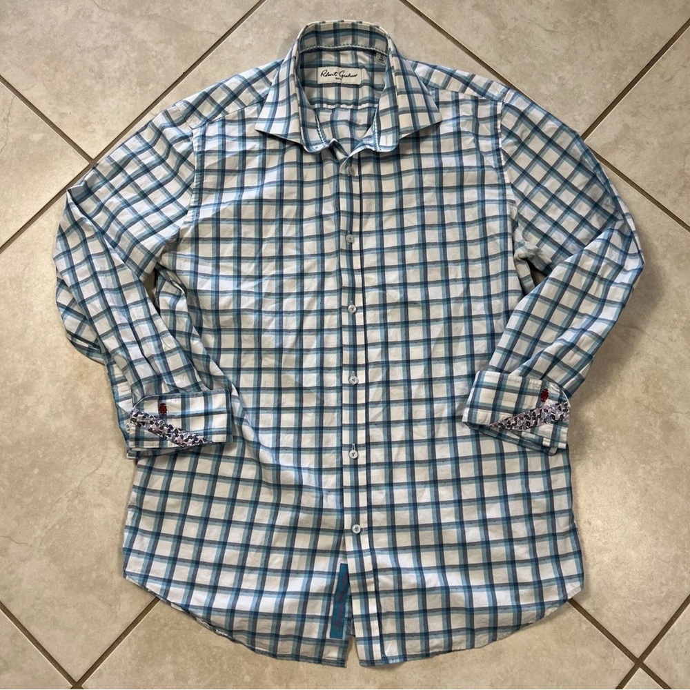 Robert Graham Men's Size 16 (41) Blue White Plaid Flip‎ Cuff Button-Up Shirt